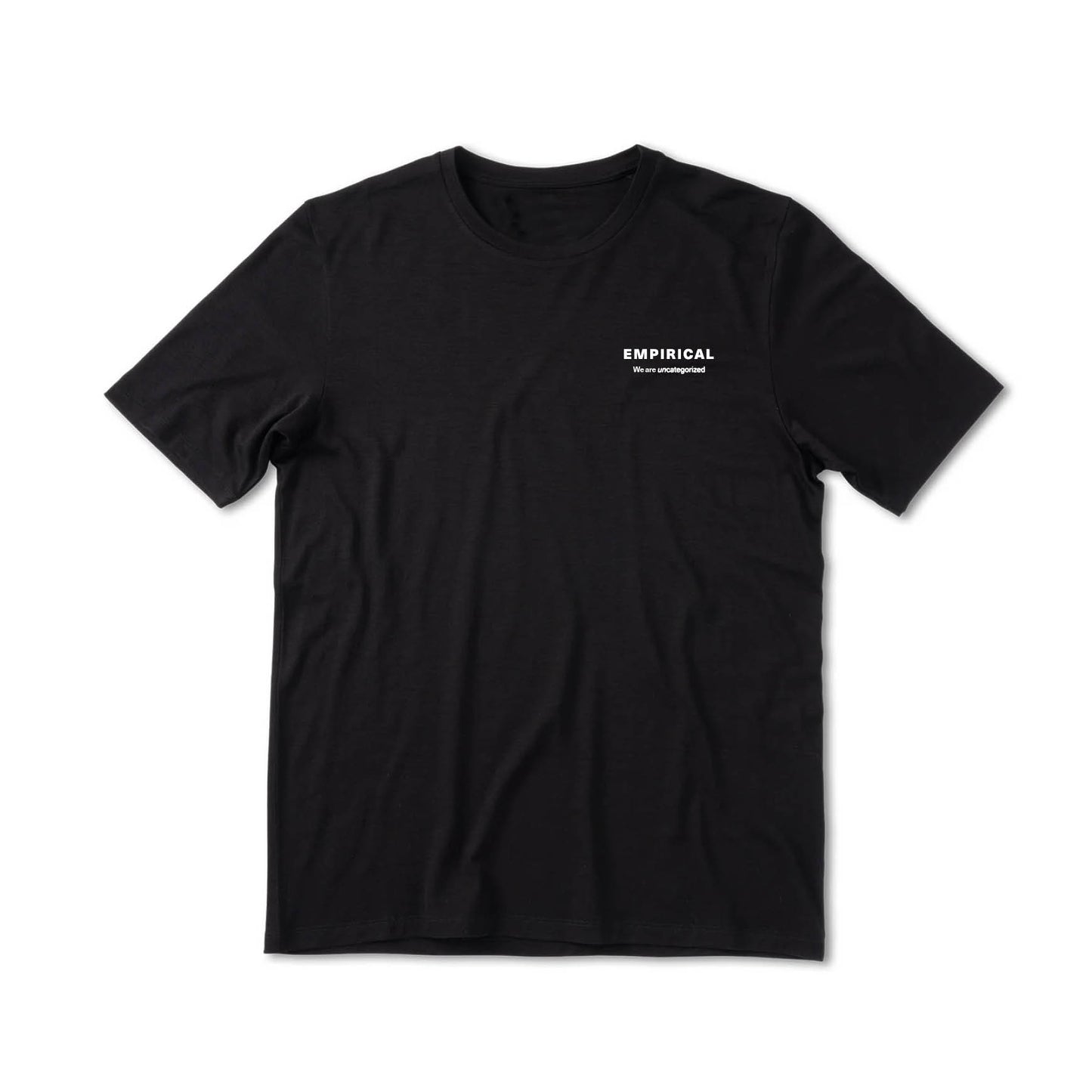 Empirical Uncategorized Tee, front: small EMPIRICAL chest mark on a black tee