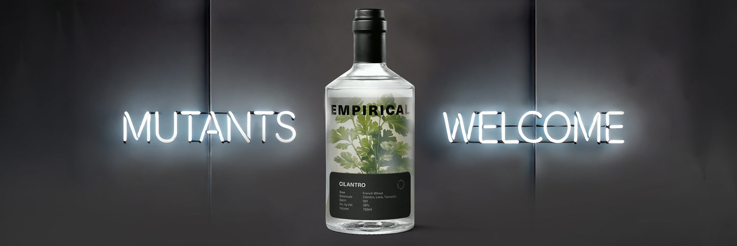 Empirical Cilantro bottle between glowing MUTANTS / WELCOME signs