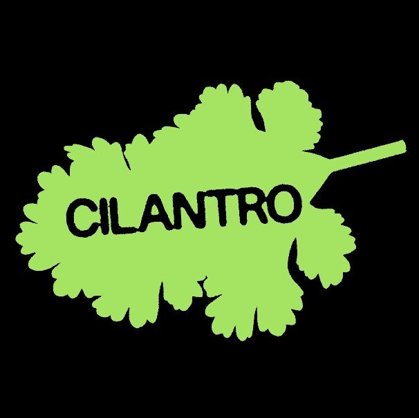 Black-and-green Cilantro logo: bold lettering over a cilantro leaf silhouette