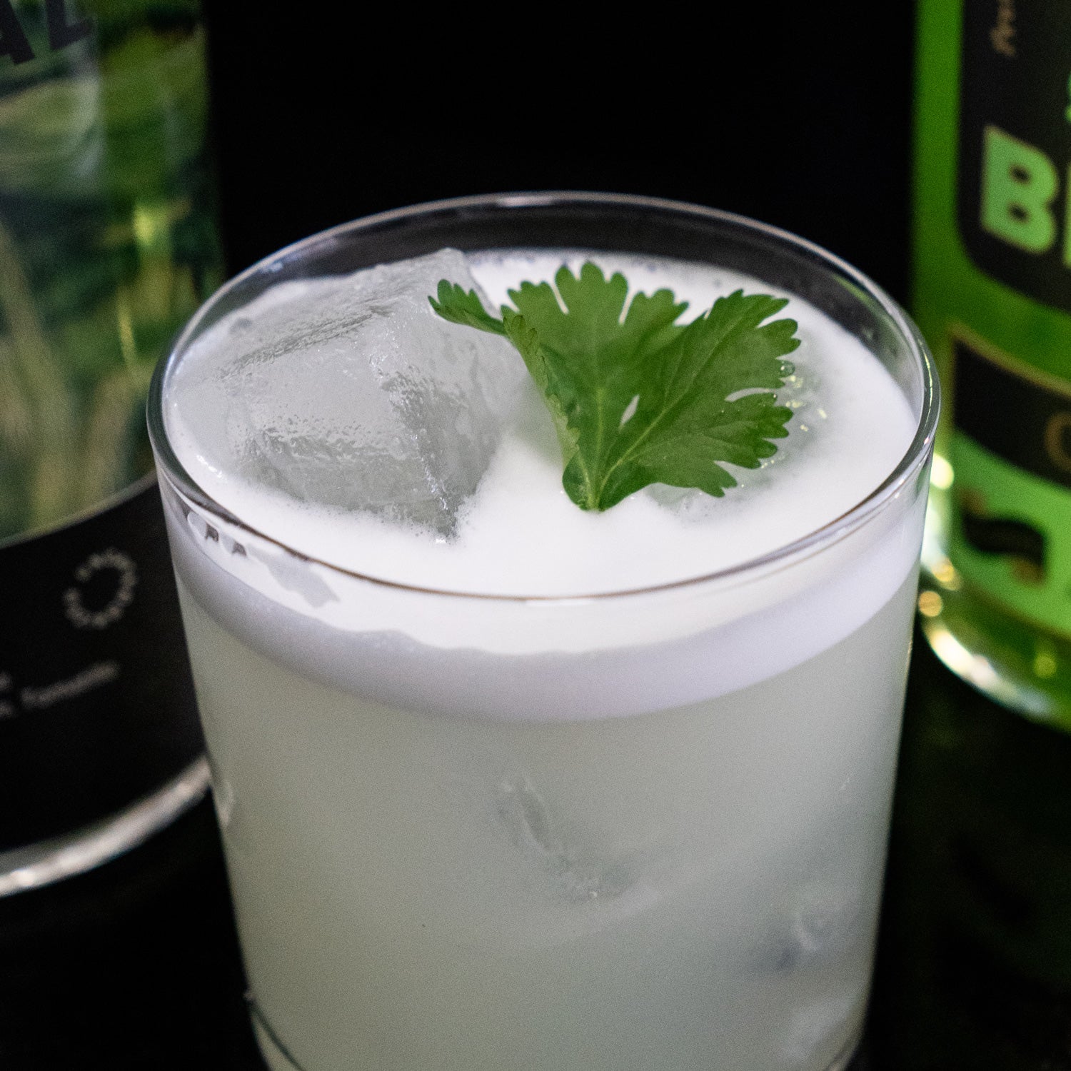 Cilantro Brutto highball with cilantro leaf garnish, flanked by both bottles