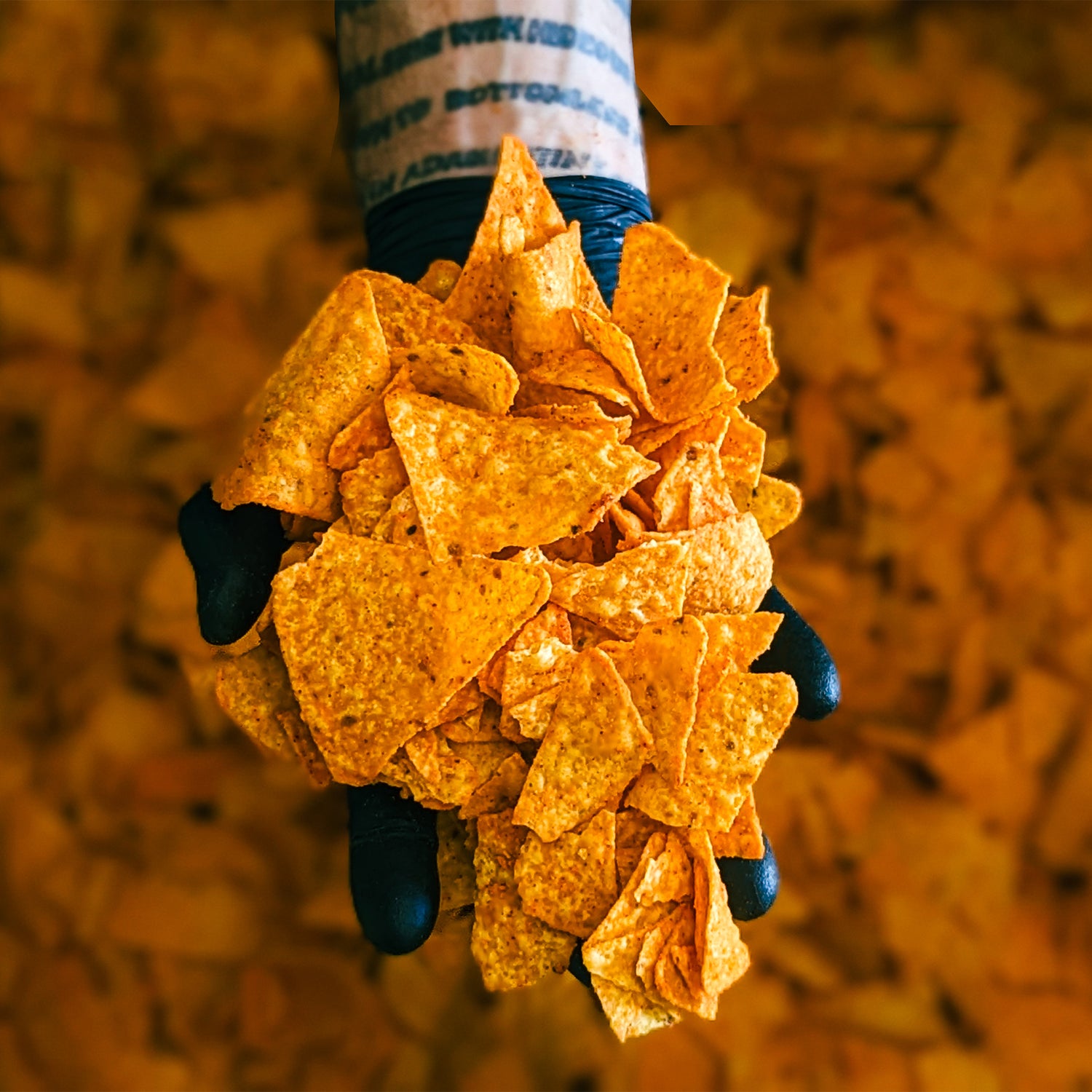 Hand holding a stack of orange Doritos chips against a chip-strewn background