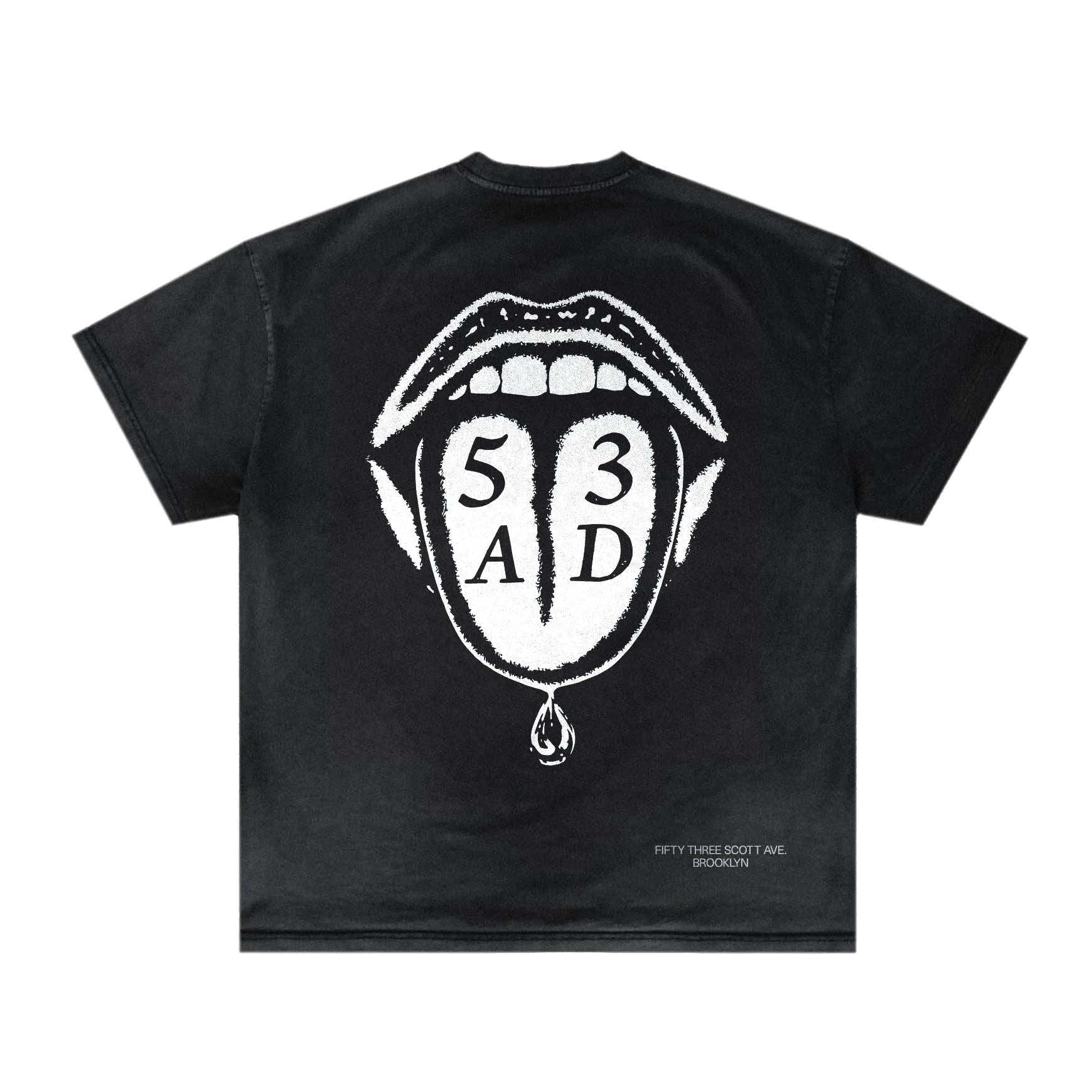 Empirical 53AD Flavor Tee, back: white tongue-and-mouth graphic with 53AD lettering