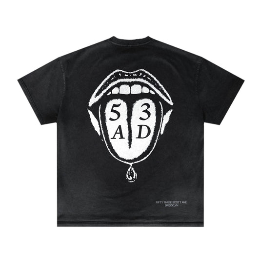 Empirical 53AD Flavor Tee, back: white tongue-and-mouth graphic with 53AD lettering