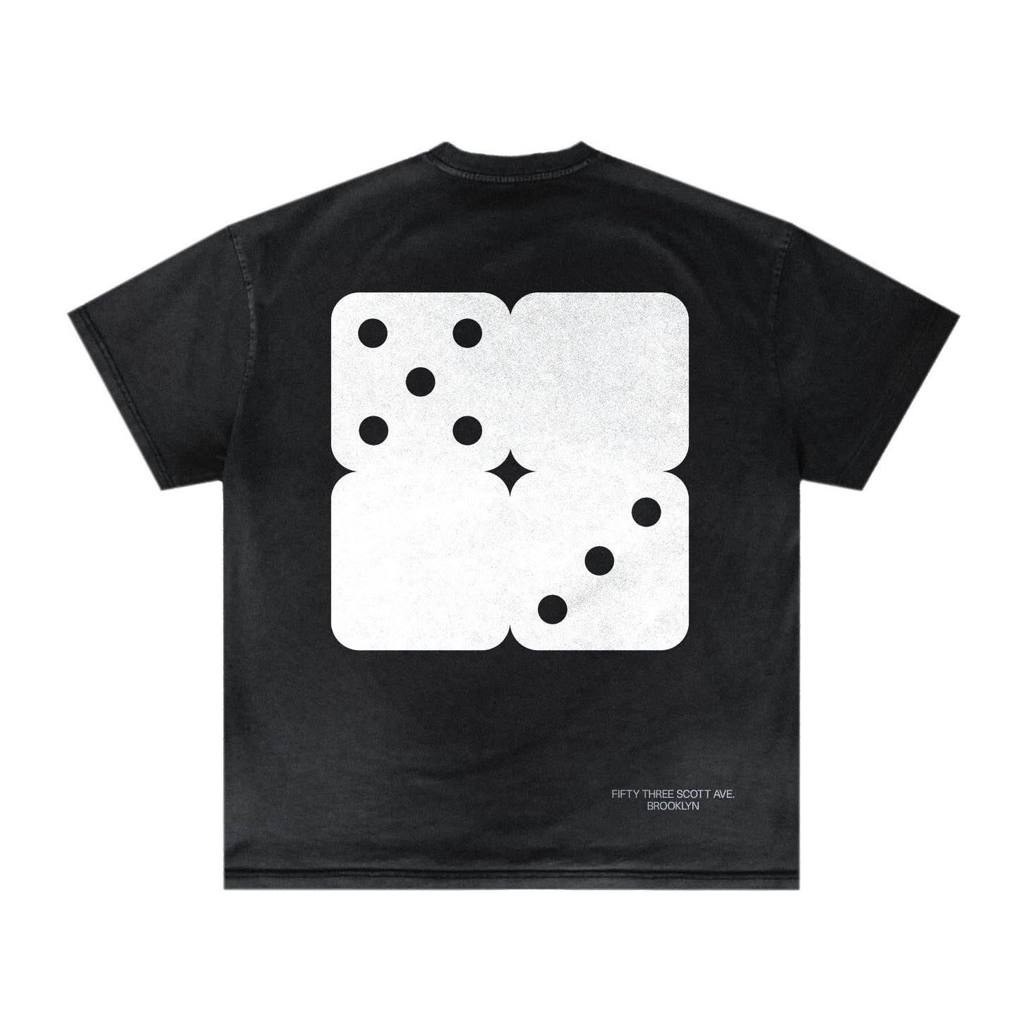 Empirical 53AD Domino Tee, back: white double-domino graphic on a faded black tee