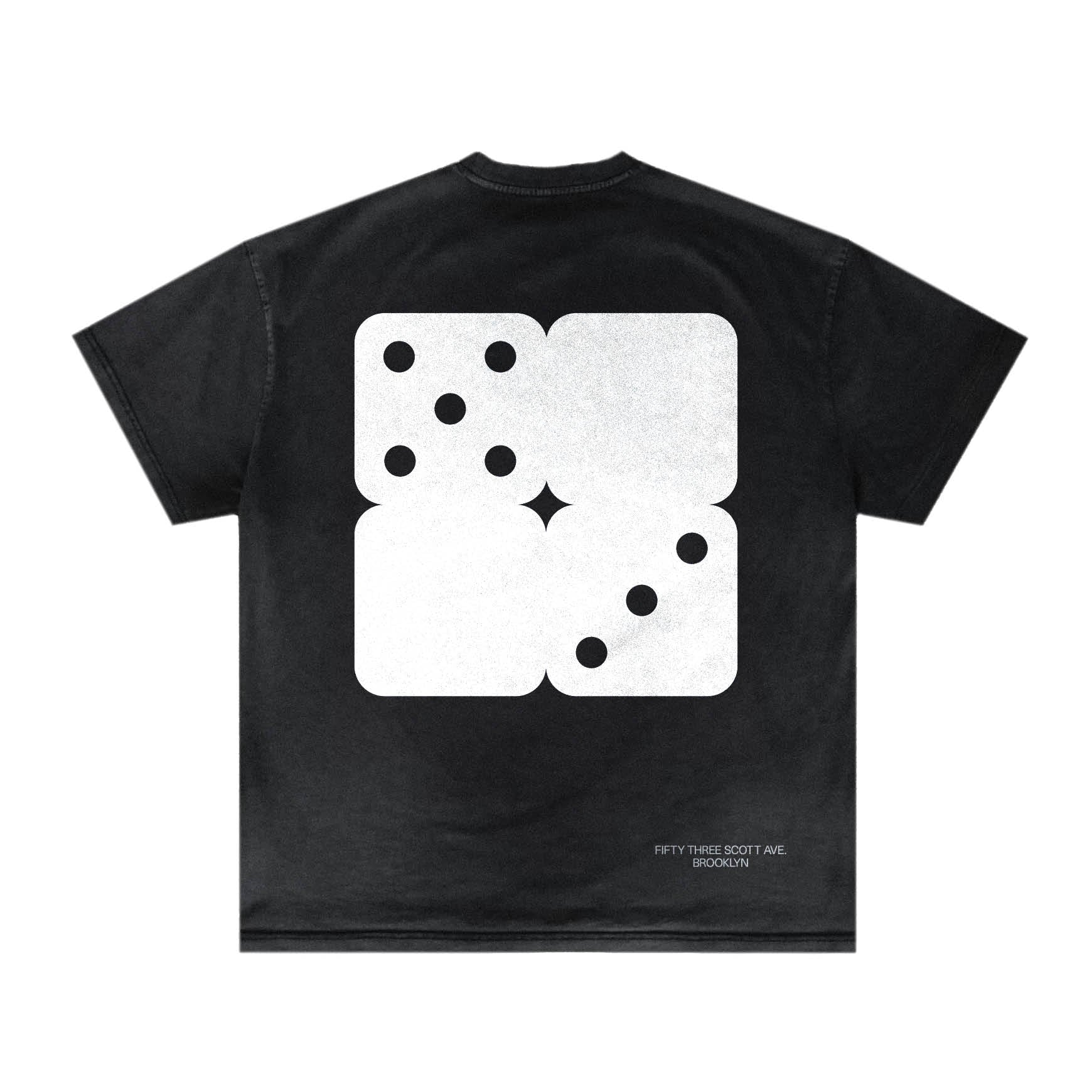 Empirical 53AD Domino Tee, back: white double-domino graphic on a faded black tee