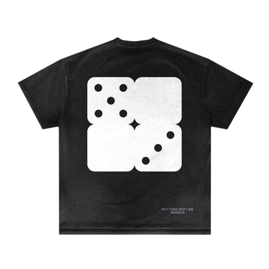 Empirical 53AD Domino Tee, back: white double-domino graphic on a faded black tee