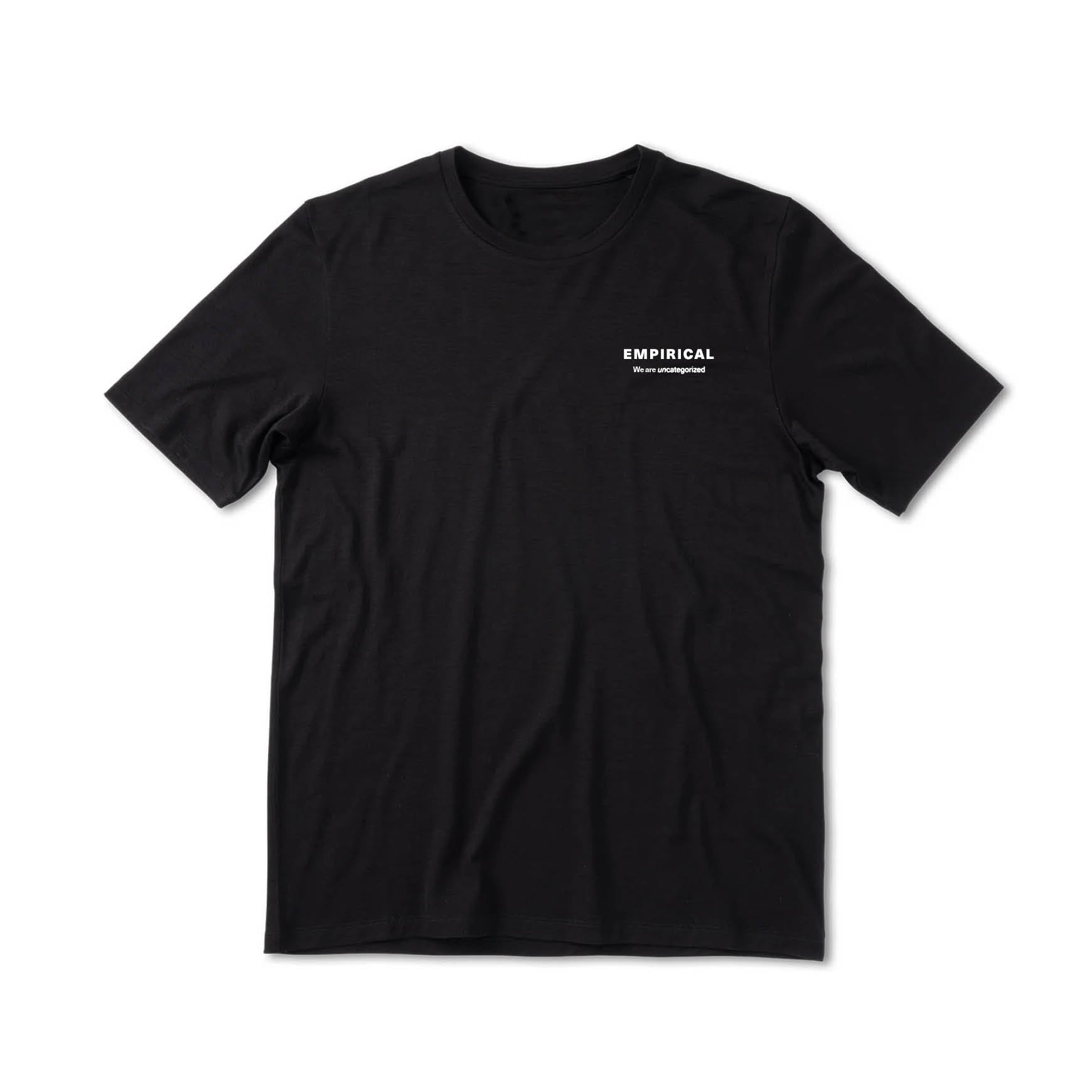 Empirical Uncategorized Tee, front: small EMPIRICAL chest mark on a black tee