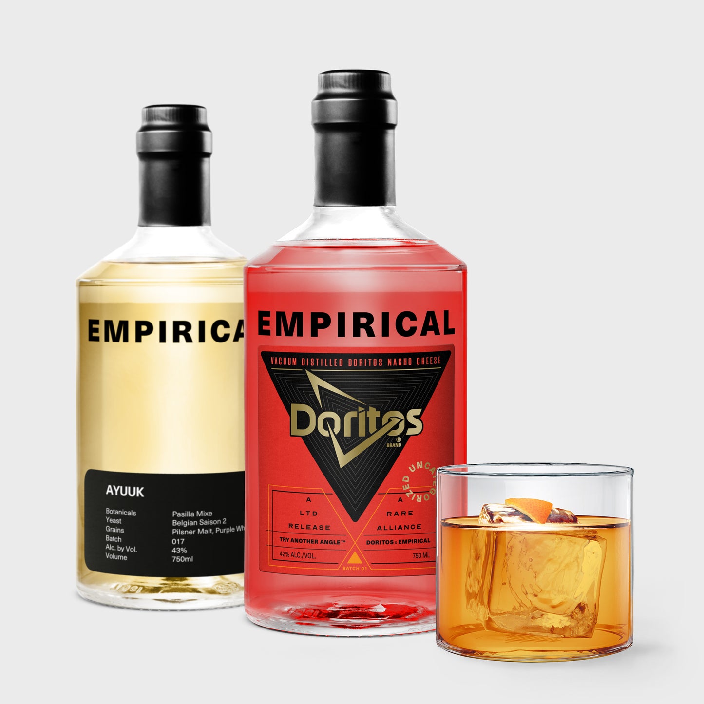 Red Bag Old Fashioned Bundle: Empirical Ayuuk and Doritos x Empirical bottles with a finished cocktail