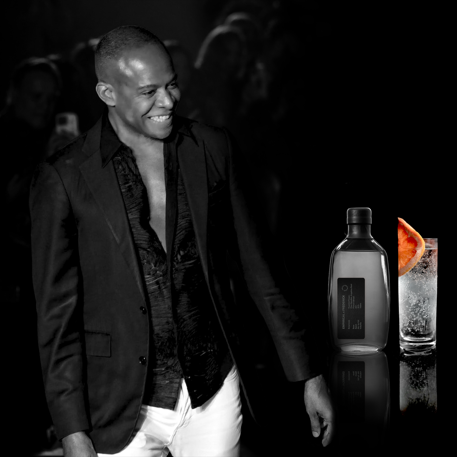 Frederick Anderson on the runway alongside the Empirical x Frederick bottle and a finished cocktail