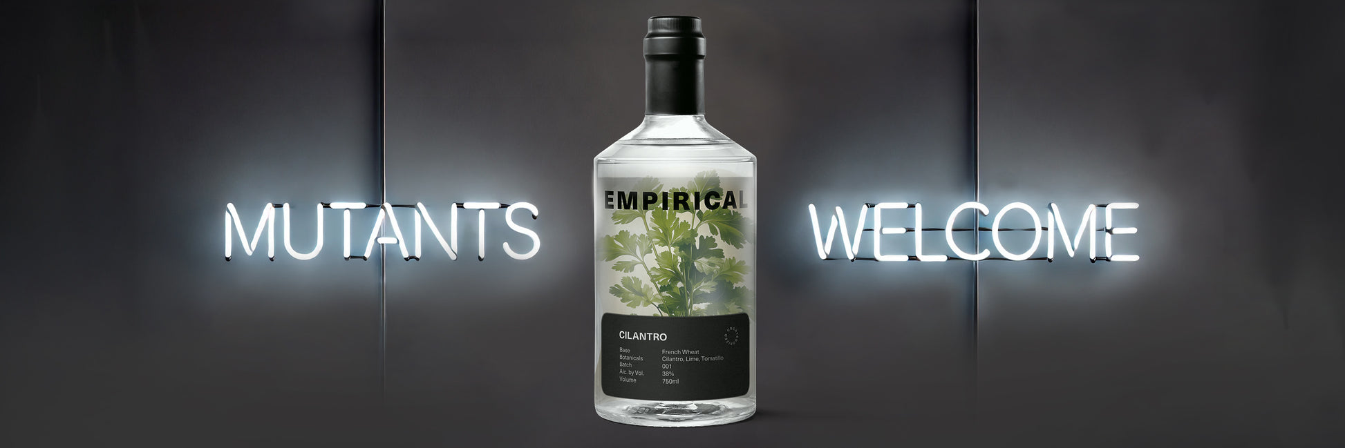 Empirical Cilantro bottle between glowing MUTANTS / WELCOME signs