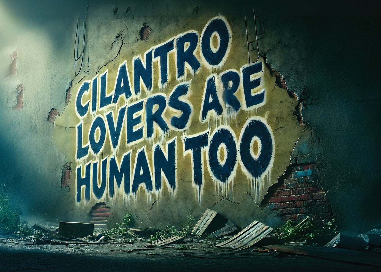 Mural-style sign reading CILANTRO LOVERS ARE HUMAN TOO — Mutants Welcome campaign
