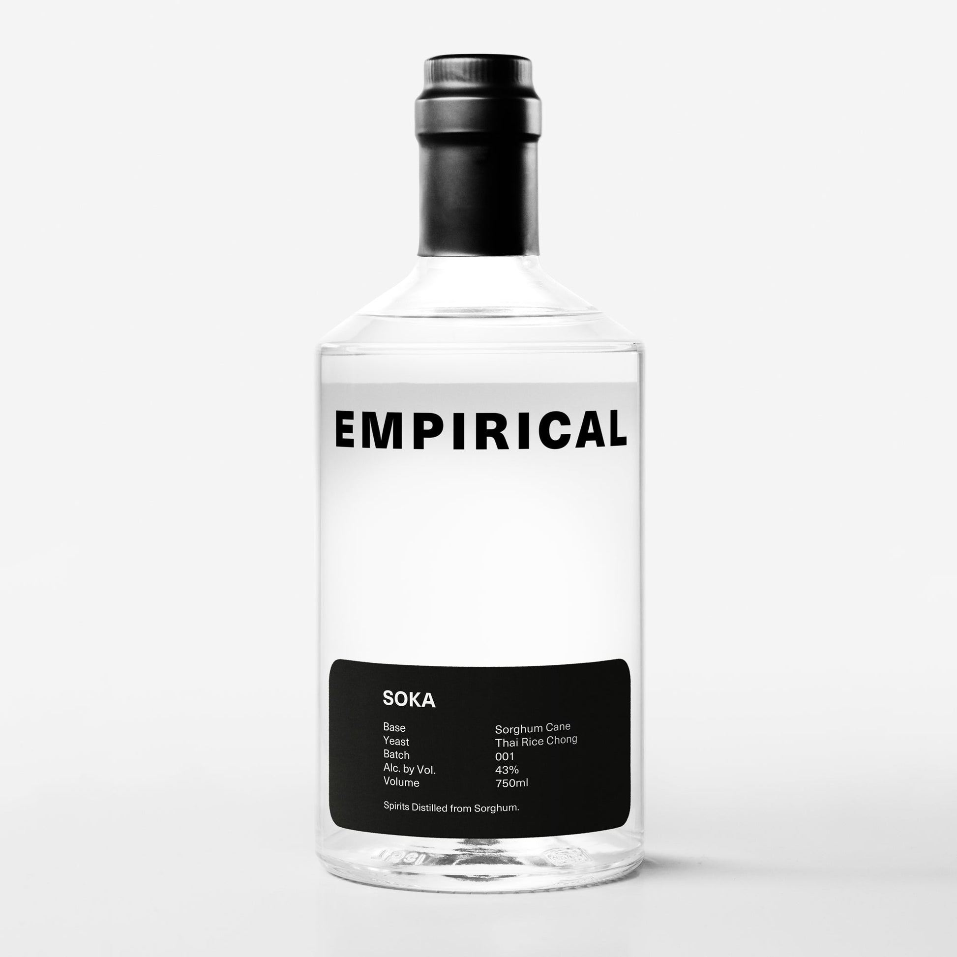 Empirical Soka 750ml bottle, front label, clear sorghum spirit