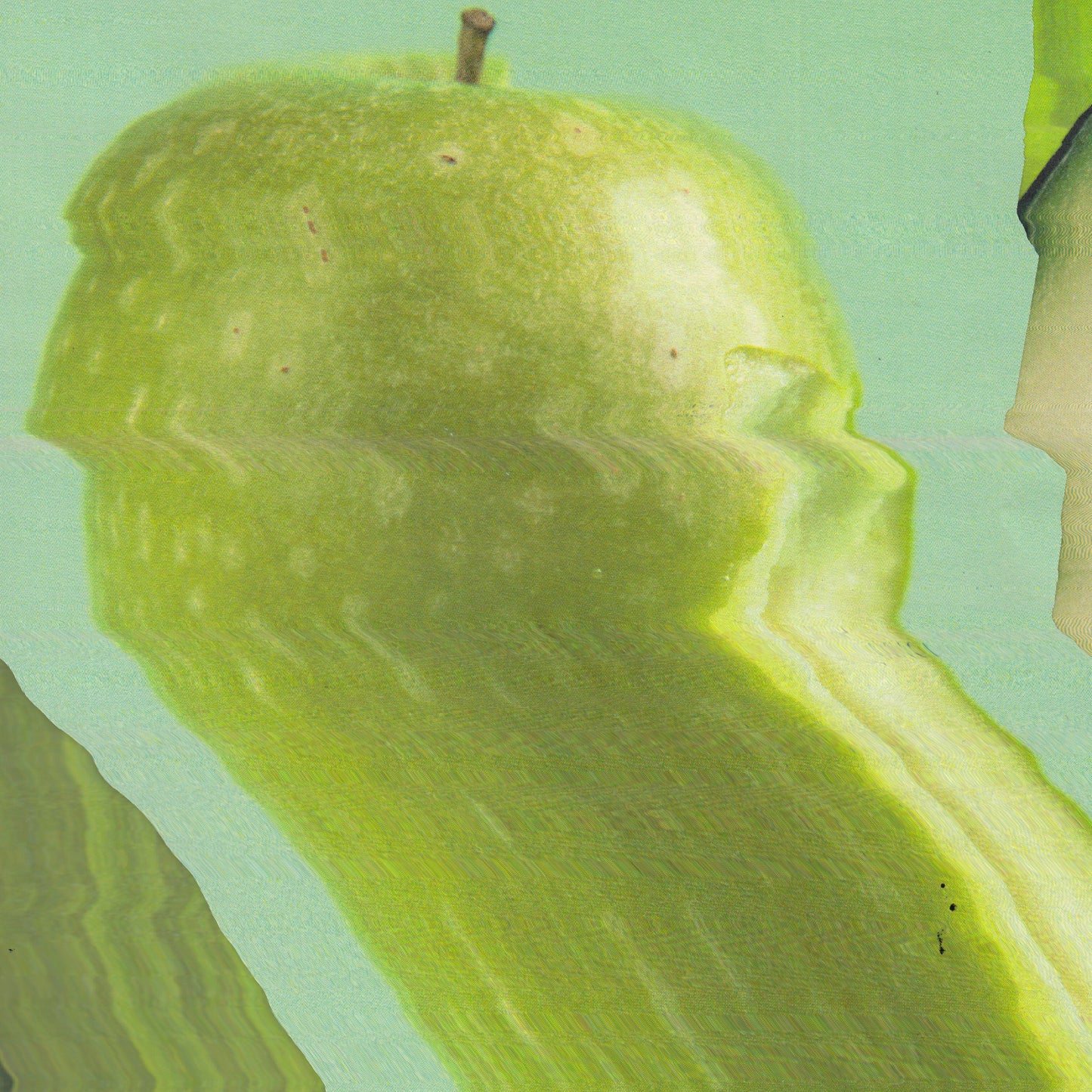 Close-up of a green apple distorted through rippling water — Soka & Apple still life